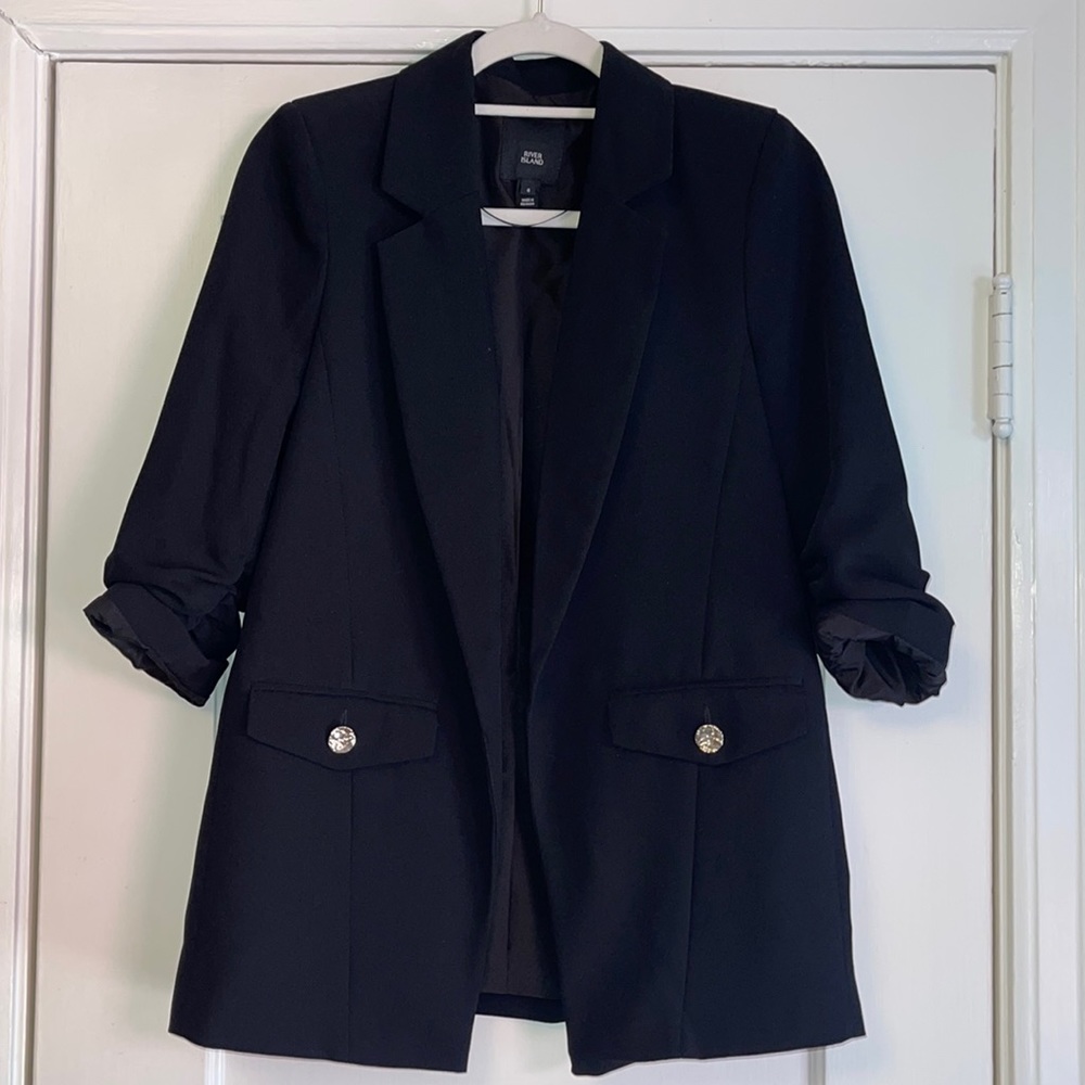 River Island Blazer Pleated Sleeve Size 4 Navy Color